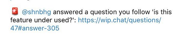 A notification about a new answer to a followed question on a chat platform.