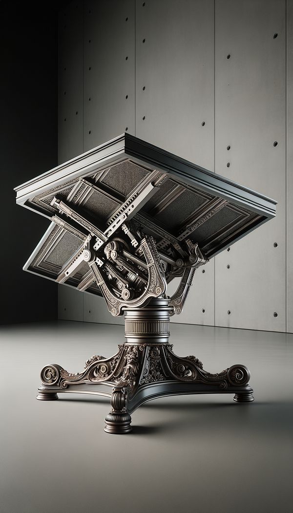 A tilt-top table with its top tilted upright, showcasing the mechanism and the table's ornate design against a simple, modern background.