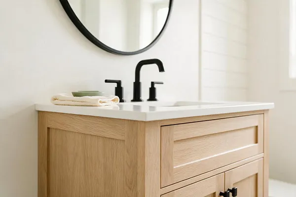 A bright farmhouse bathroom vignette featuring a light oak vanity with a white countertop, paired with matte black faucet and hardware. A round black-framed mirror hangs above, and folded towels sit neatly on the counter against soft white walls.