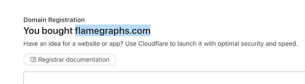 The image displays a domain registration confirmation for flamegraphs.com.
