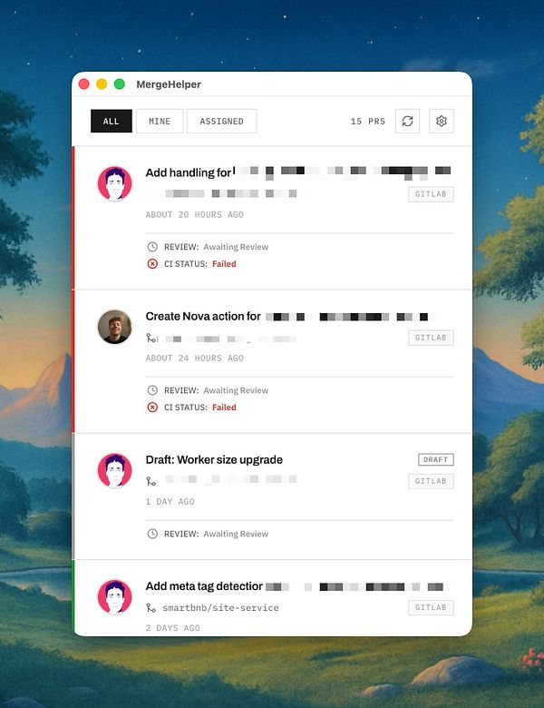 The image displays a user interface for a GitLab/GitHub pull request management application called MergeHelper.