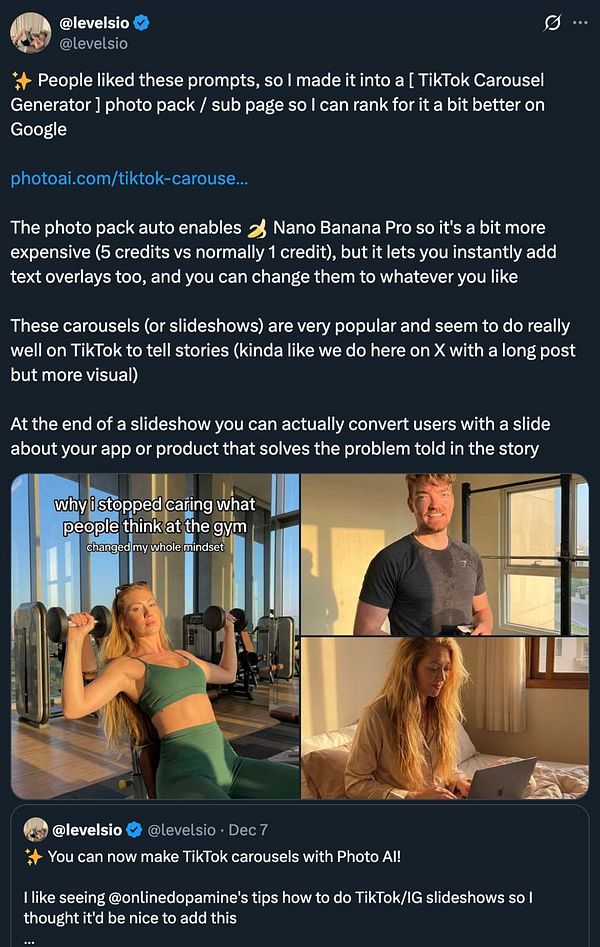 The image features a TikTok carousel showcasing fitness-related content with text overlays.