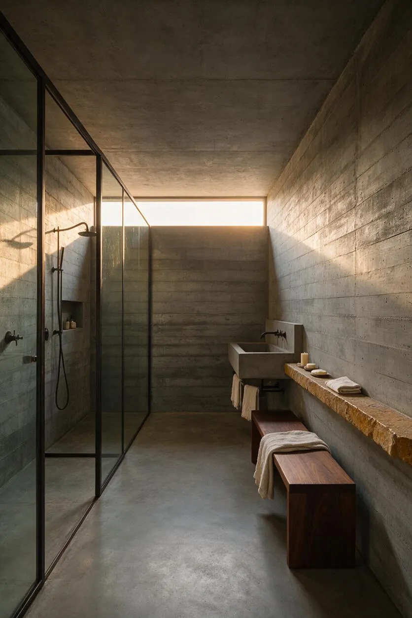 A Brutalist master bathroom featuring exposed concrete walls and ceiling, a glass-enclosed shower on the left, and a rectangular concrete sink against the far wall. A rough stone shelf runs along the right side above dark wood benches, with soft towels and minimal accessories adding warmth to the stark, linear space.