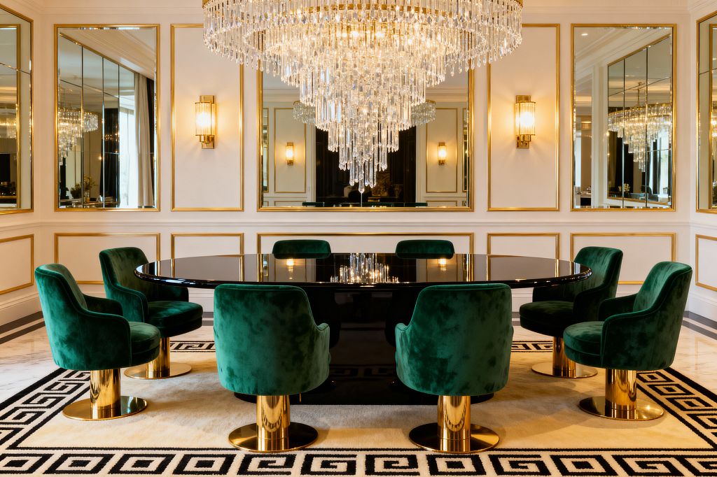 A glamorous dining room features an oval high-gloss black table encircled by emerald velvet chairs on polished brass pedestal bases, set on a cream rug with a black Greek key border over white marble floors. A grand tiered crystal chandelier and brass-and-ribbed-glass sconces reflect in large wall mirrors framed by white paneling with gold trim, creating a symmetrical, luminous Hollywood Regency setting.
