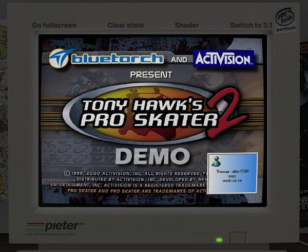 The Tony Hawk's Pro Skater 2 demo screen displayed on a vintage Pieter branded PC monitor with a chat message overlay.