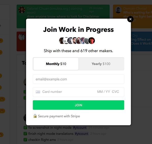 A subscription sign-up modal for a service called 'Work in Progress' with payment options and user input fields.