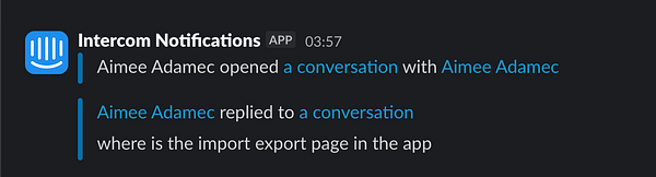 The image displays a notification interface from the Intercom app showing a conversation involving Aimee Adamec.