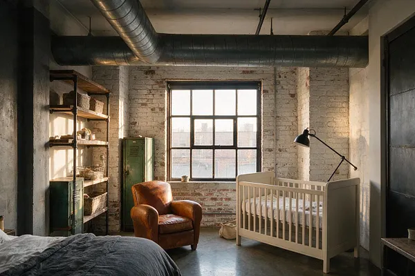 A nursery set in an industrial loft with exposed white brick walls, a large black-framed window, and visible metal ductwork overhead. The room includes a white crib, a brown leather armchair, open wooden shelving with baskets, and a green metal locker, all arranged on a concrete floor with warm daylight streaming in.