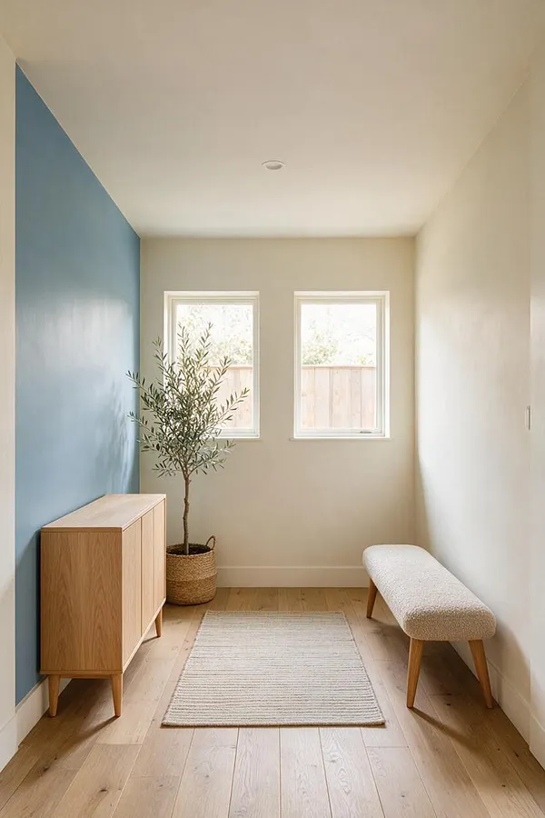 A narrow Scandinavian-style front porch with light wood floors, a blue accent wall, and two small windows at the far end. The space includes a pale wood cabinet on the left, a woven basket holding an olive tree, a cushioned bench on the right, and a neutral striped rug centered on the floor.