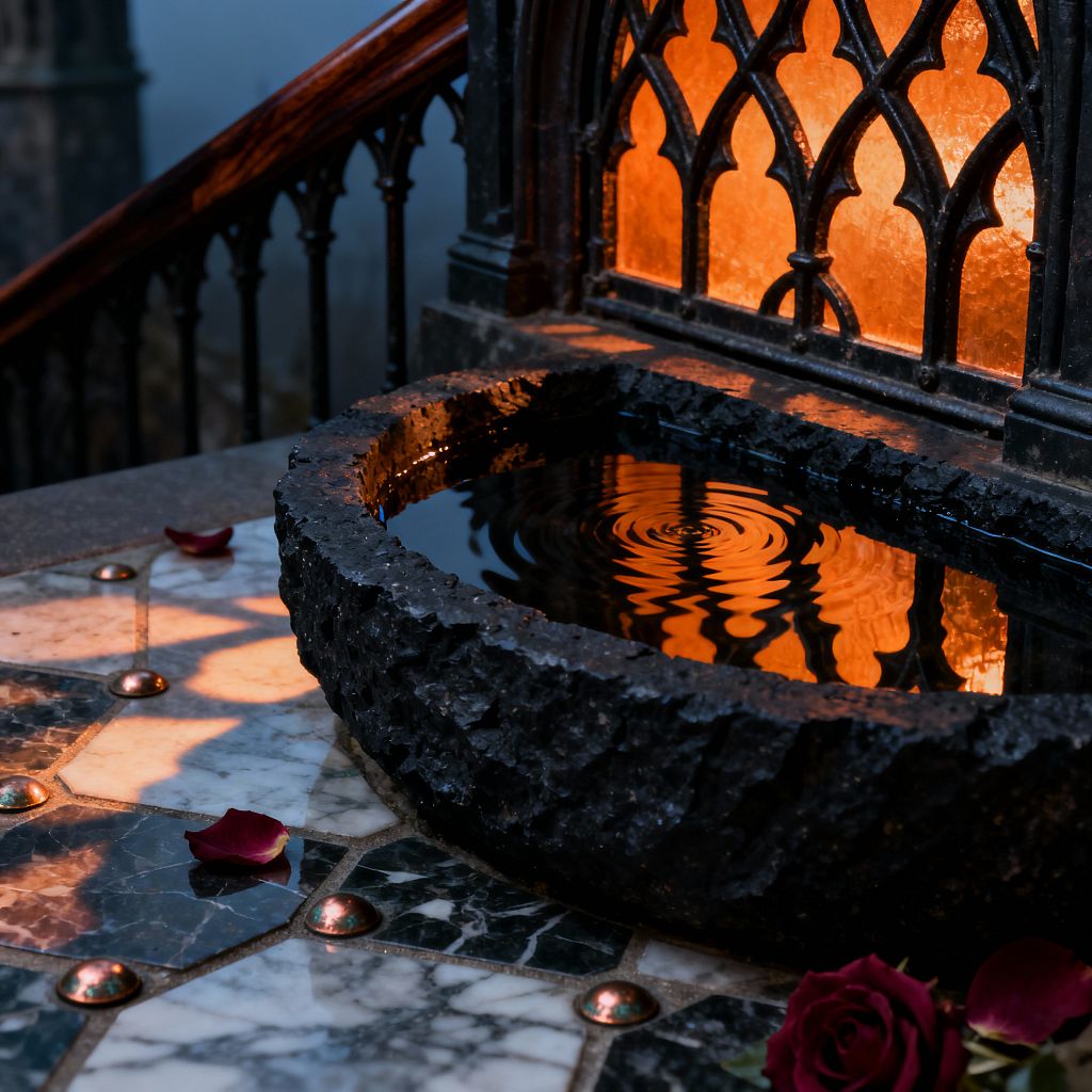 A close-up of a Gothic patio features a rough black stone water basin, with concentric ripples reflecting the warm amber glow of backlit pointed-arch iron tracery. The basin sits on a geometric marble mosaic in green, white, and charcoal set with small copper studs; a wrought-iron balustrade with a polished wooden handrail rises behind, while scattered red rose petals and a single rose contribute a romantic, moody atmosphere.
