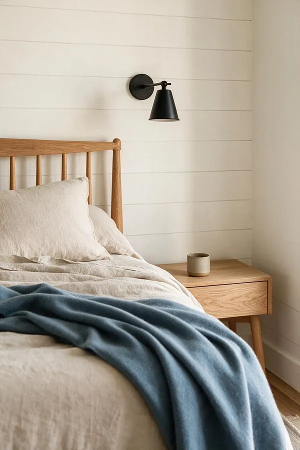A cozy farmhouse bedroom vignette with a natural oak spindle bed, soft ivory bedding, and a muted blue throw draped across the foot of the bed. A light wood nightstand sits beside the bed beneath a matte black wall sconce, set against white horizontal shiplap walls.