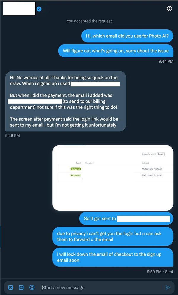 A conversation on a messaging platform regarding an email issue related to a service sign-up.