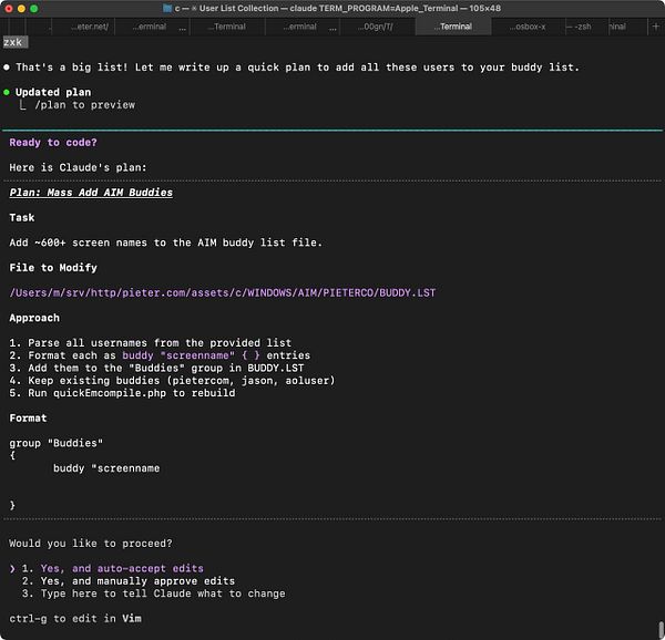 The image displays a terminal window with a plan for adding AIM buddies.