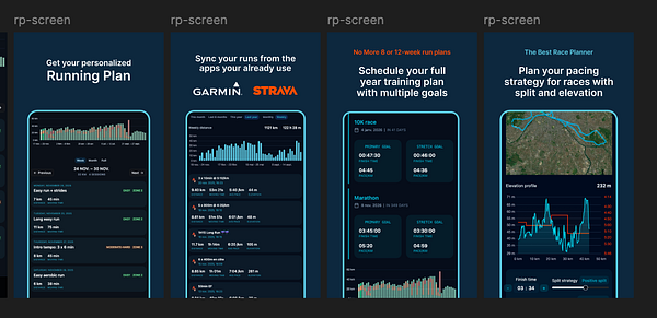 The image displays a series of Android app screens focused on running and training plans.