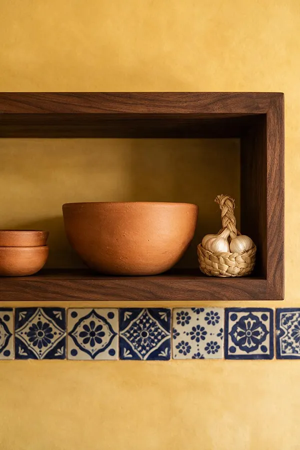 A Mediterranean-style wall niche with a dark walnut shelf set into a warm ochre stucco wall. The shelf holds simple terracotta bowls and a small woven basket of garlic, with a decorative band of blue-and-white patterned tiles running below.