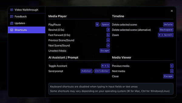 The image displays a user interface for keyboard shortcuts related to media playback and editing.