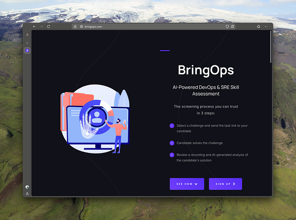 The image displays a webpage for BringOps, featuring an AI-powered DevOps and SRE skill assessment tool.