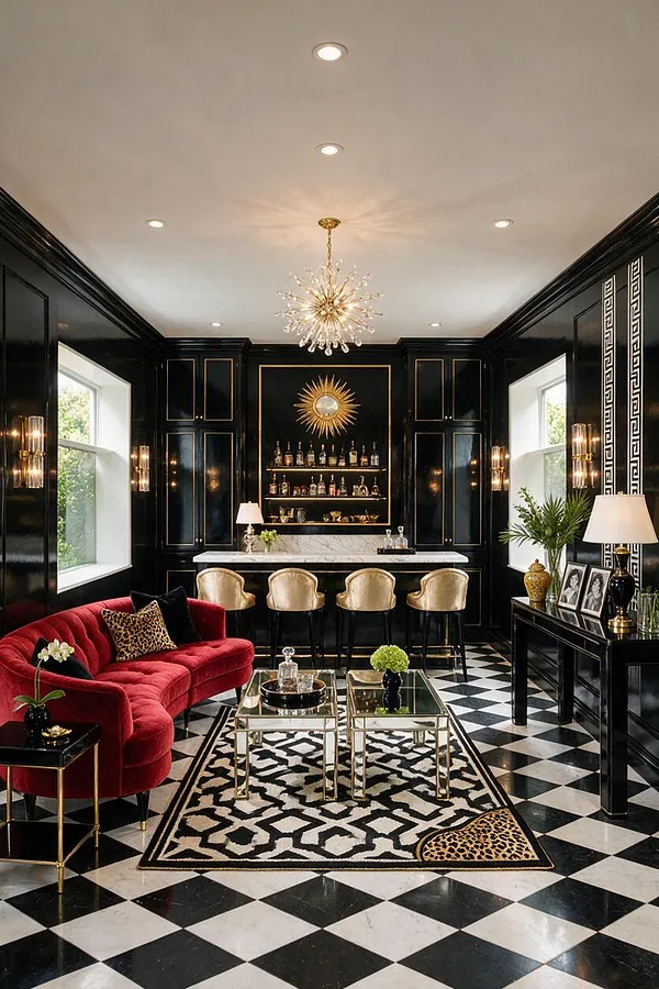 A glamorous basement lounge features glossy black paneled walls, a built-in bar with marble counter, and gold-accented stools beneath a starburst mirror and crystal chandelier. A deep red velvet sofa, mirrored coffee tables, and a black-and-white checkered floor complete the bold Hollywood Regency look.