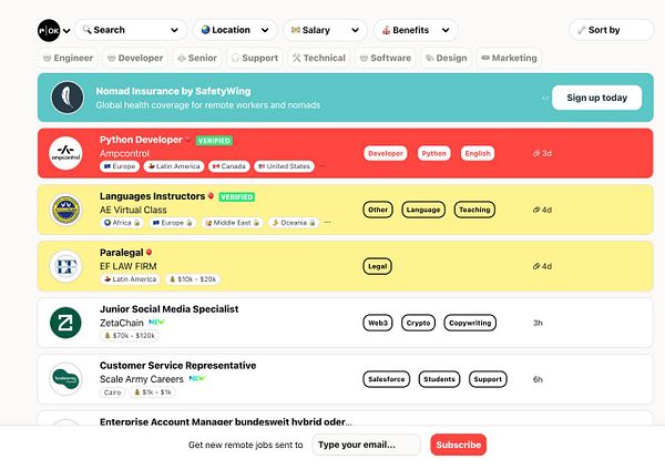 The image displays a job listing interface with various remote job opportunities.