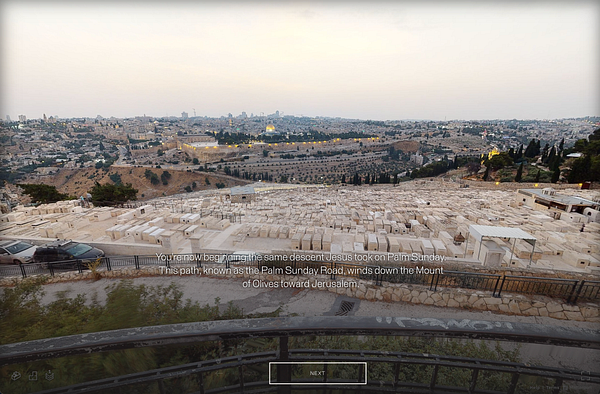 A panoramic view of the Mount of Olives in Jerusalem, featuring a cemetery and the city skyline in the background.