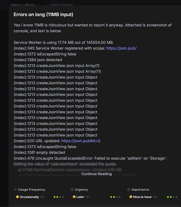 The image displays a screenshot of a console log detailing errors related to a long input of 11MB.