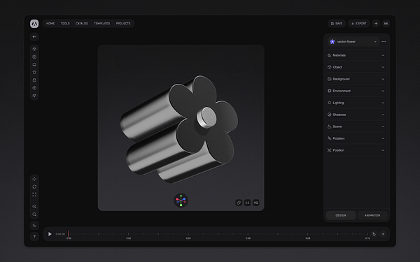 The image displays a 3D modeling interface showcasing a stylized flower-shaped object.