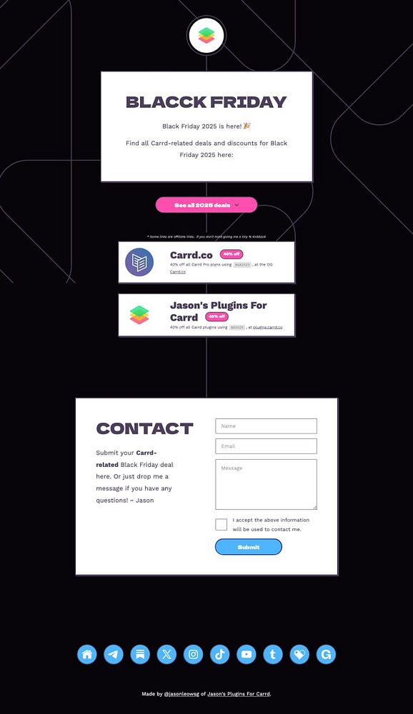 The image displays a promotional webpage for Black Friday 2025, featuring Carrd-related deals and a contact form.