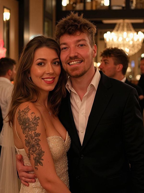 A couple poses together at a festive event, showcasing their stylish outfits and joyful expressions.