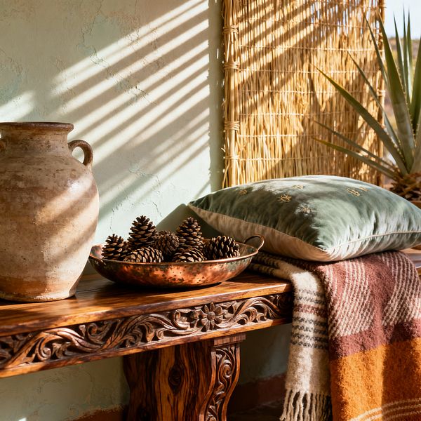 A Southwestern living room vignette features an intricately carved wooden console holding a weathered terracotta jug, a hammered copper bowl filled with pinecones, and a sage-green velvet pillow set atop a rust, ochre, and cream plaid wool throw. A pale, textured plaster wall and a woven reed shade cast diagonal shadows across the scene, while an agave plant at the edge reinforces the desert palette and natural materials.