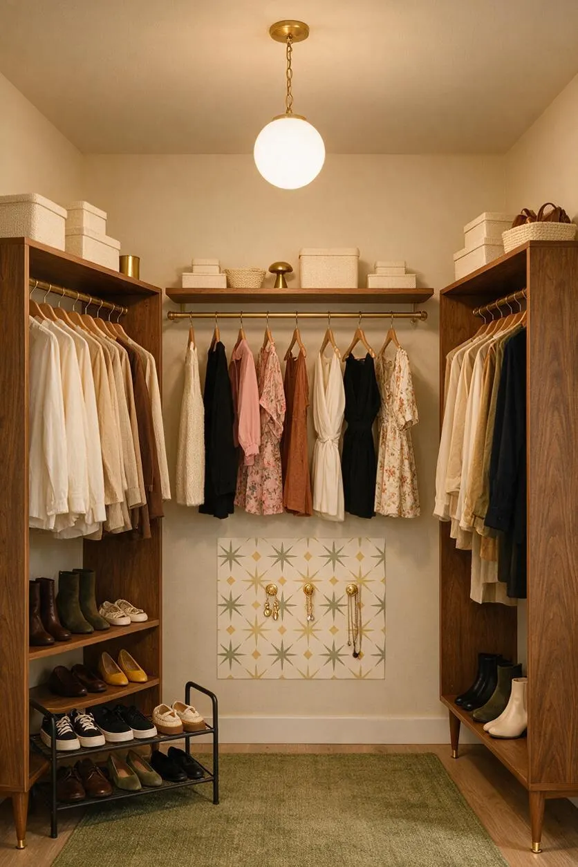 A compact walk-in closet with walnut wood built-ins on both sides, hanging clothes arranged by color, and shelves filled with shoes and storage boxes. A round globe pendant light, brass hardware, and a patterned wall panel add mid-century modern character.