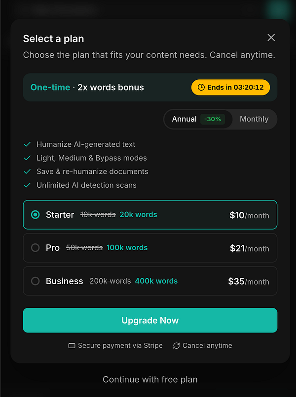 One-time offer upgrade modal with detailed pricing and feature comparison on a dark-themed interface.