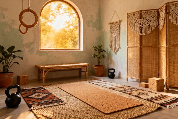 A serene Bohemian home gym features a cork yoga mat on a round jute rug framed by patterned kilim runners, with black kettlebells and cork blocks nearby. A rattan bench beneath a sunlit arched window, a cane folding screen with macramé wall hangings, terracotta pots with leafy plants, limewashed sage-and-sand walls, and a smooth concrete floor create a warm, earthy setting for mindful movement.