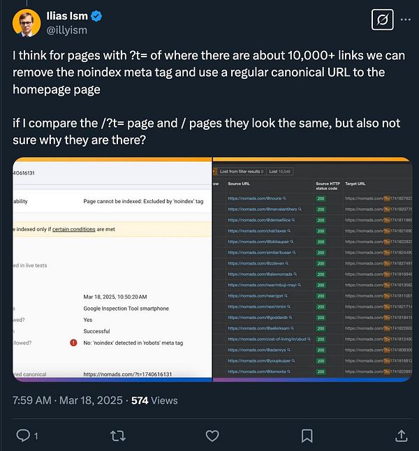 The image features a tweet discussing the removal of the 'noindex' meta tag from specific URLs and includes a screenshot of a Google Inspection Tool report.