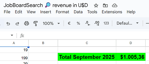 A spreadsheet displaying revenue data for JobBoardSearch in September 2025.