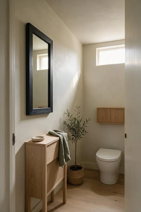 A narrow powder room in Japandi style with cream plaster walls, a black-framed mirror, and a light oak vanity beside a small potted olive tree. A wall-mounted cabinet and compact white toilet sit on the far wall, while soft daylight from high windows creates a calm, minimalist atmosphere.