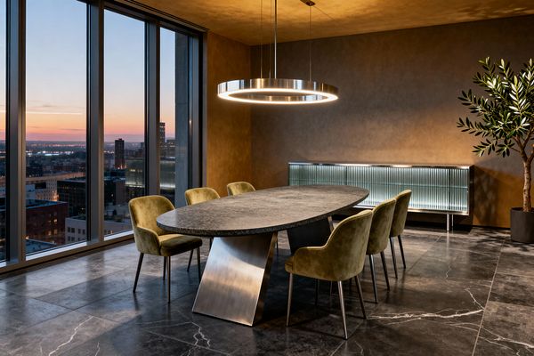 A modern dining room with an oval dark stone table on a brushed metal base, surrounded by six olive velvet chairs. Large windows reveal a city skyline at dusk, while a ring-shaped pendant, a backlit ribbed-glass credenza, warm bronze walls and ceiling, marble-look dark floor tiles, and a potted tree create a sleek, softly lit setting.