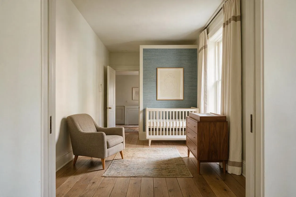 A narrow nursery with a white crib set against a blue textured accent wall, a framed artwork above it, and floor-length beige curtains beside a tall window. A taupe upholstered armchair sits on the left, while a mid-century style wooden dresser stands on the right over wide-plank wood floors and a faded neutral rug.