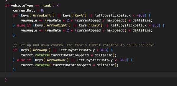 The image displays a code snippet for controlling a tank's turret movement in a game.