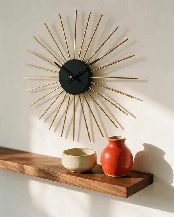 A Mid-Century Modern wall display features a black circular sunburst clock with slim gold spokes radiating outward. Below it, a floating walnut shelf holds a small cream bowl and a glossy red ceramic vase against a white wall.