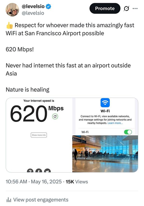 A tweet highlighting the fast WiFi speed at San Francisco Airport, featuring a speed test result of 620 Mbps.