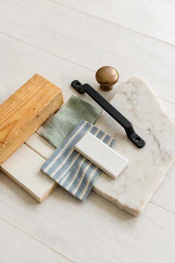 A styled flat lay of farmhouse-inspired materials and hardware on a white painted wood surface. The arrangement includes a raw wood block, a white painted wood sample, a white marble slab, a matte black cabinet pull, a brass knob, a small green fabric swatch, and a blue-and-white striped textile sample.