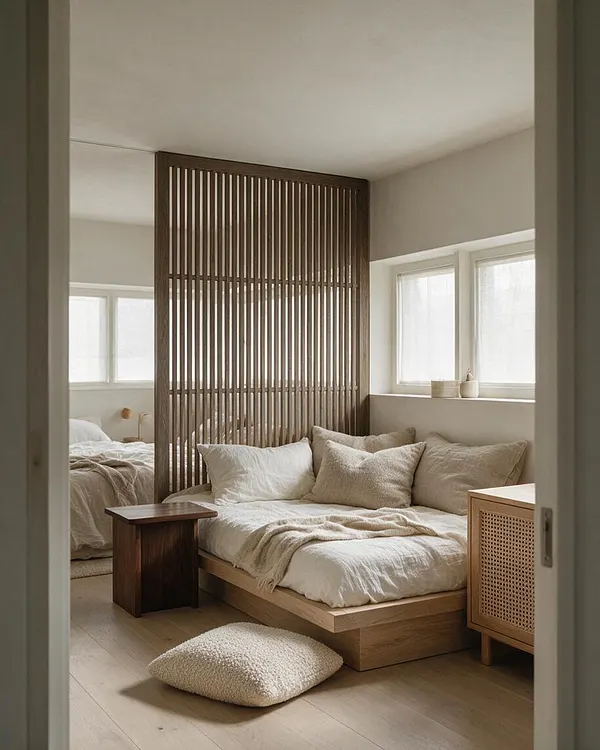 A serene Japandi-style sunroom with a low wood daybed covered in cream bedding and neutral pillows, set beside a small dark wood table and a cane-front cabinet. A tall slatted wood divider separates the seating area from a softly layered sleeping nook, while pale walls, sheer daylight, and a textured floor cushion create a calm, natural atmosphere.