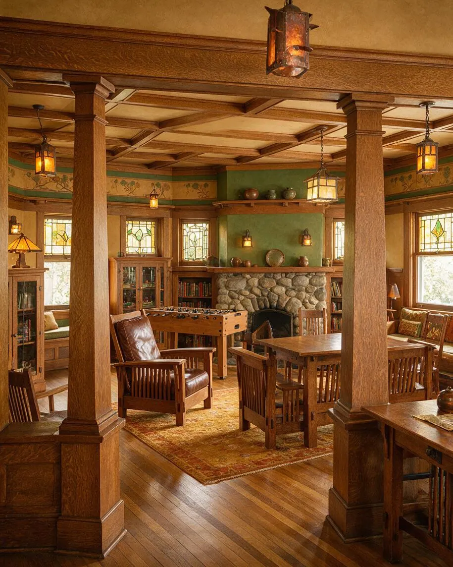 A warm Craftsman-style game room with exposed wood beams, square wood columns, stained glass windows, and a stone fireplace centered on the back wall. The room includes a foosball table, wooden game tables and chairs, a leather lounge chair, built-in bookshelves, and amber lantern-style pendant lights.