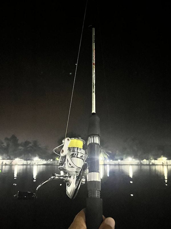 A fishing rod is held over a calm body of water at night, with lights reflecting on the surface.