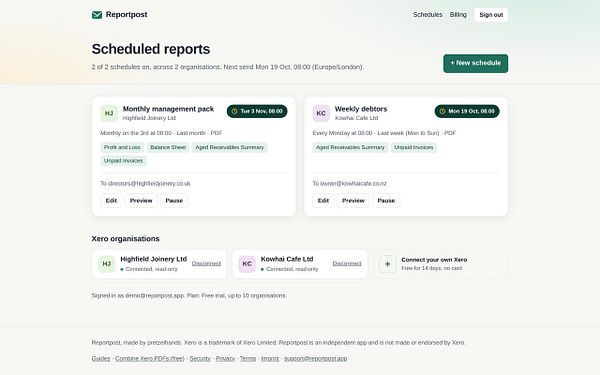 Scheduled reports interface of Reportpost app showing automated Xero reports setup for two organizations with options to edit, preview, or pause.