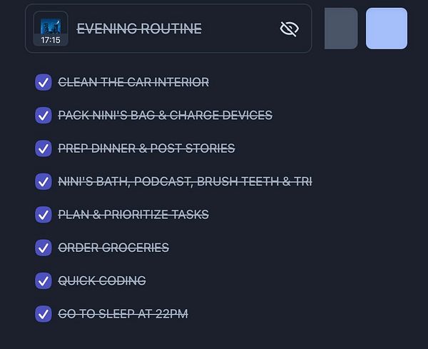 A nighttime scene of a modern living room with a large window showing a moonlit sky and a person meditating, illustrating an evening routine.