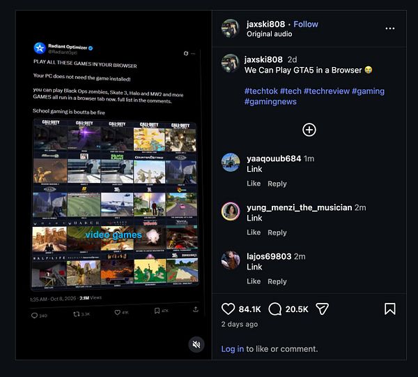 Social media posts discussing playing various popular games including GTA5 directly in a web browser, without installing them on a PC.