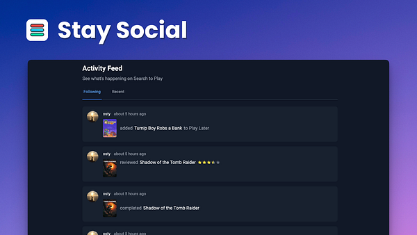 The image displays a user interface for an activity feed on a social platform called 'Stay Social'.