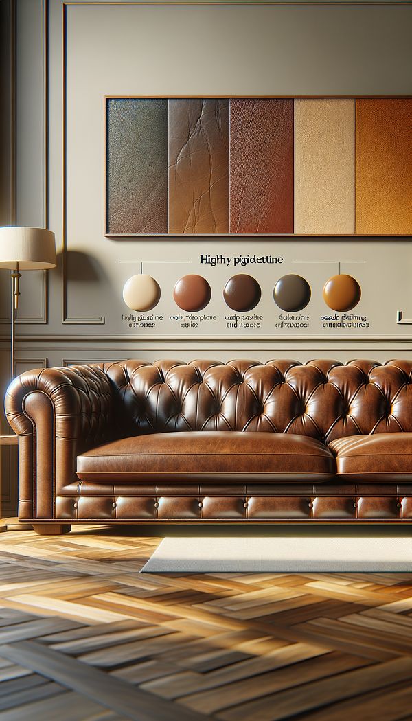 A close-up view of a pigmented leather sofa in a living room, showing the uniform color and texture of the material.