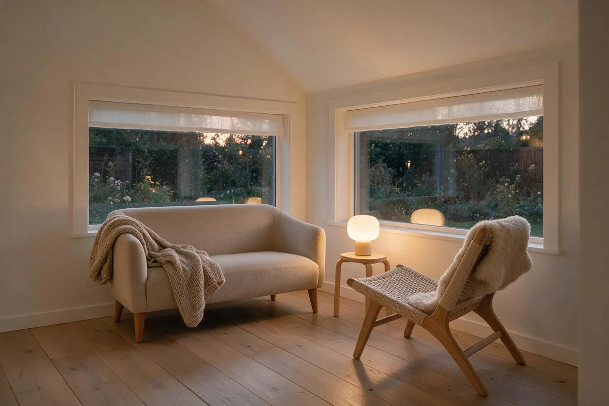 A Scandinavian-style sunroom with white walls, large corner windows, and pale wooden floors. A beige loveseat with a knitted throw sits beside a small round side table and glowing lamp, while a woven lounge chair with a sheepskin drape creates a soft, cozy reading corner.